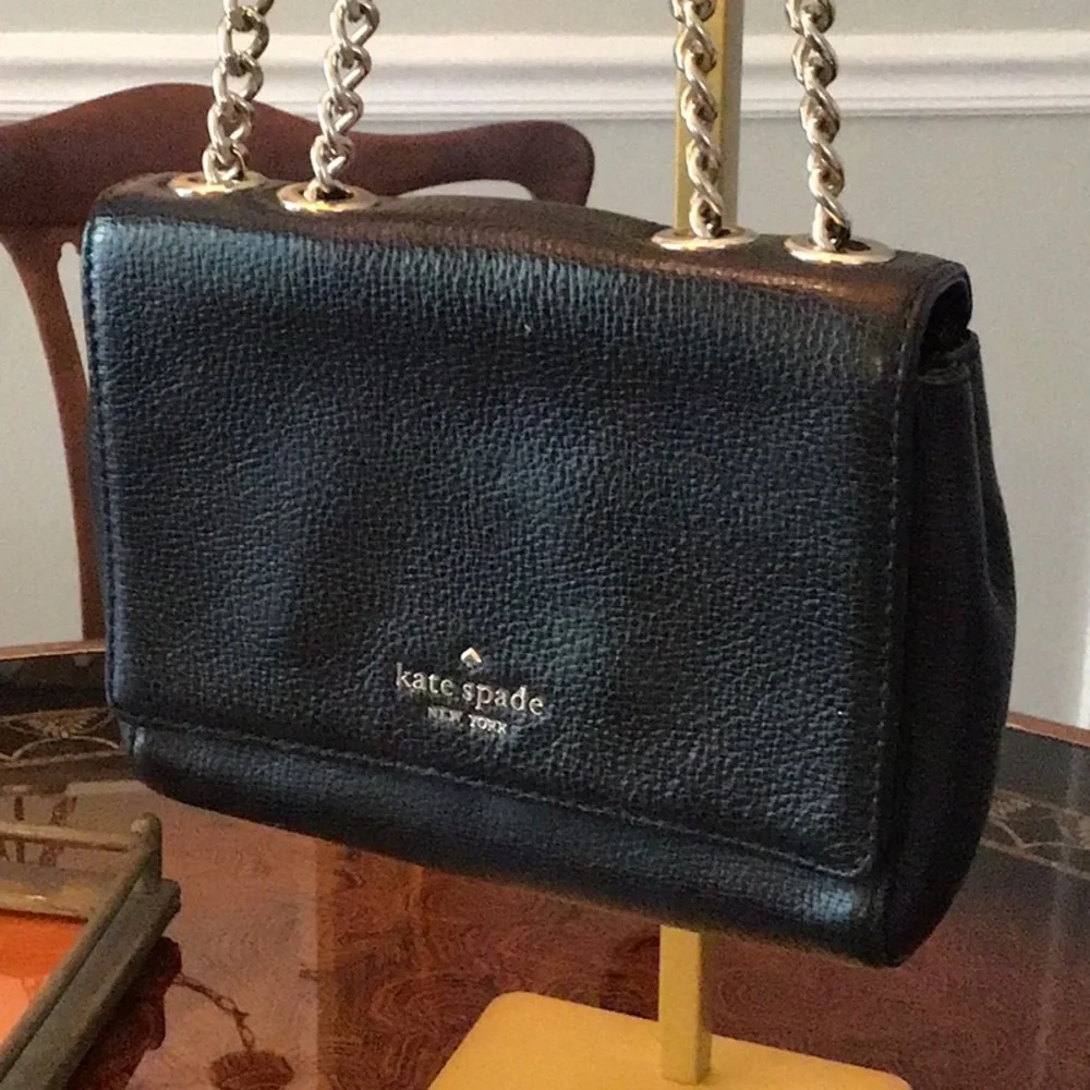 Kate Spade Black Saffiano Leather Chain Strap Shoulder Bag Crossbody Silver